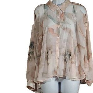 Jennifer Lopez Size LG Sheer Cold Shoulder Long Balloon Sleeve Button Down Shirt
